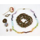 A quantity of costume jewellery, an acorn charm testing as 9 ct, seed pearl set horse shoe brooch,