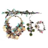 Group of multi bead jewellery with cultured pearl, turquoise, quartz millefiori glass and mother