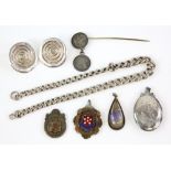 Group of costume jewellery, including graduated Albert chain, oval locket, two medals, butterfly