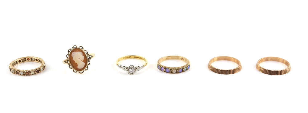 Six vintage gold rings, solitaire diamond, mount stamped 18 ct and platinum, half eternity ring