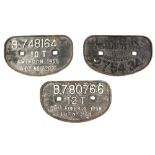 Three cast-iron wagon plates, comprising B748164 10T Swindon 1959 lot No 3283, LNER Standard 13 tons