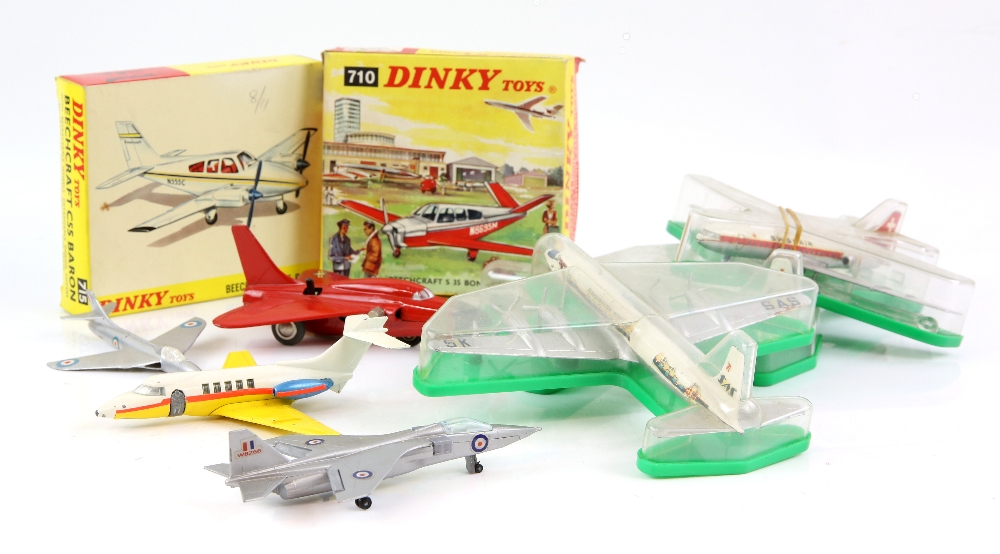 Dinky Toys No. 710 Beechcraft S35 Bonanza Aircraft, No. 715 Beechcraft C55 Baron, three models by