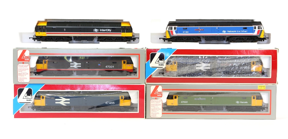 Six Lima 00 gauge Class 47 diesel locomotives, comprising 47301 Railfreight, 47455, 47487 Inter