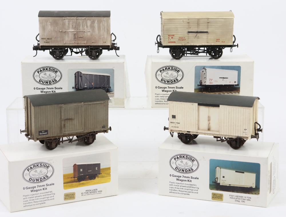 Four Parkside Dundas O gauge assembled wagons, comprising PS48 GWR Tevan goods van, PS04 LNER 12-ton