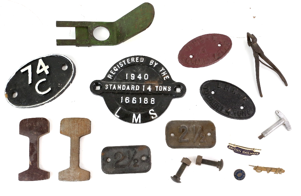 LMS cast-iron wagon plate 'Registered by the LMS Standard 14 tons, 1940 166188, and other smaller