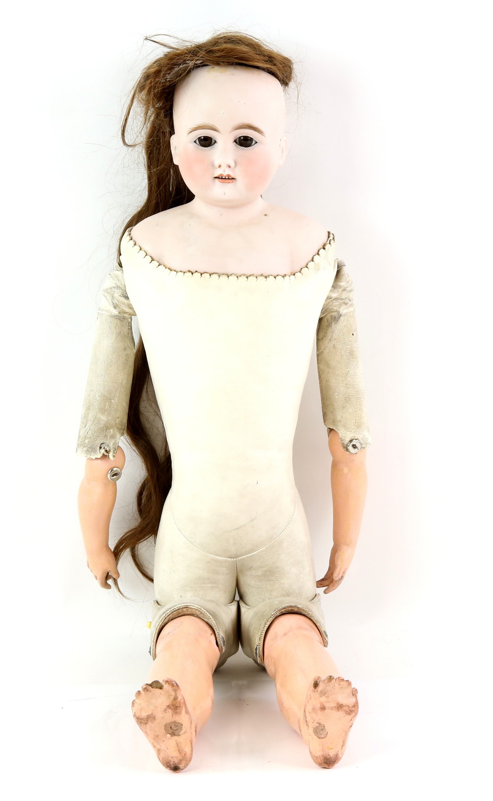 Continental bisque headed doll with open mouth, weighted blue eyes, short blonde hair and