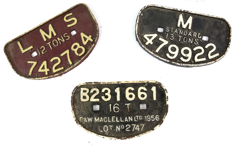 Three cast-iron wagon plates, comprising B231661 16T P & W Maclellan Ltd., 1956, Lot No. 2747, M