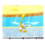 Donald Duck Disney animated art production cel consisting of a printed colour background on paper,
