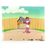 Pink Panther animated art production cel consisting of a printed colour background on paper, with an