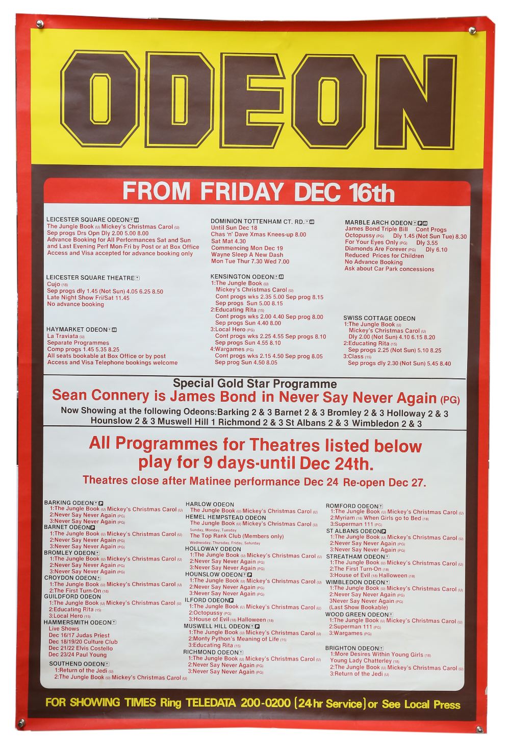 5 UK Four Sheet Cinema Information posters, four Odeon showing listings for movies including James