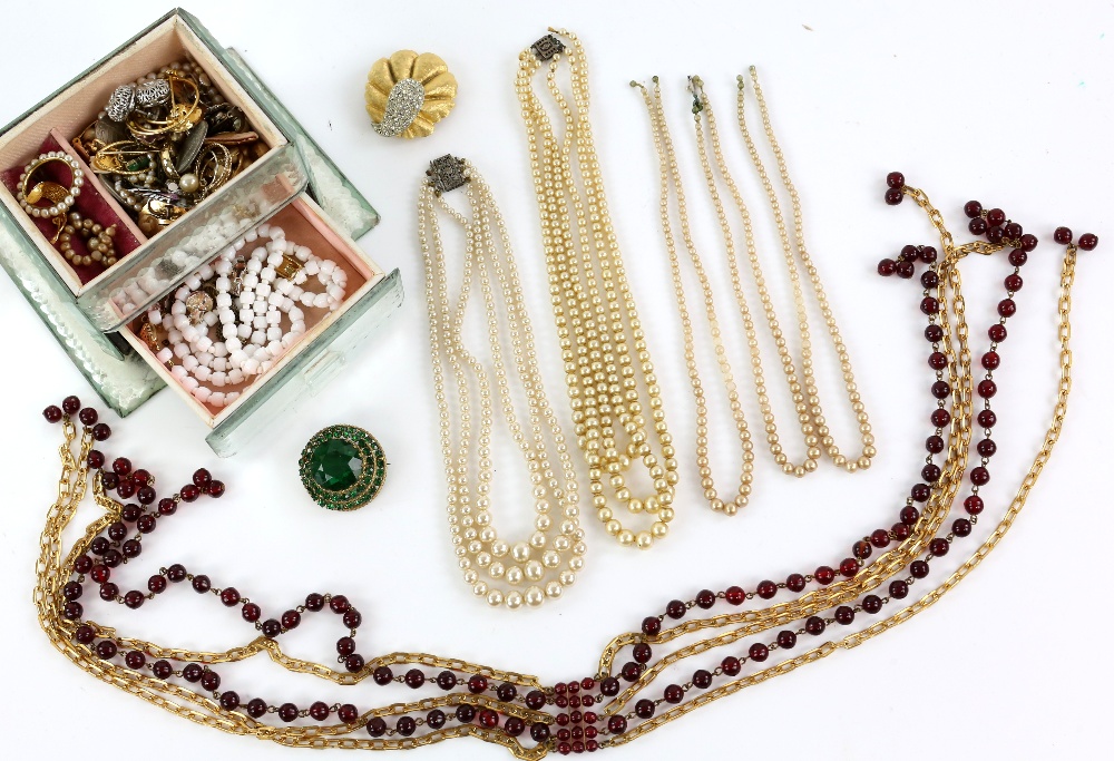 Box of costume jewellery, including paste brooches, faux pearl necklaces and earrings, base metal