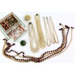 Box of costume jewellery, including paste brooches, faux pearl necklaces and earrings, base metal