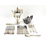 A large group of silver plated items to include entrée-dishes and covers, teapots, condiments, etc..