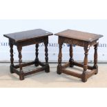 Two 18th Century style joint stools, with floral carved friezes on turned legs joined by