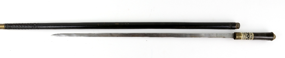 Late 19th century Indian ebonised sword stick with a band of decorated bone, blade 57 cms, overall