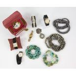 A group of jewellery, including freshwater pearl, green hardstone and turquoise set necklaces,