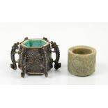 Pair of small Chinese white metal vessel of hexagonal form, containing a fitted porcelain inkwell,