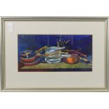 Hugh Chevins, still life, pans and paint brushes, gouache, and three other pictures.