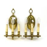 A pair of French brass wall lights, each with three lights. One bulb missingWill need re wiring