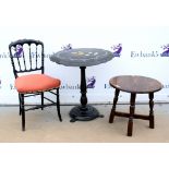 Oak table on four turned legs, papier mache mother of pearl set oval table, and an ebonised chair.