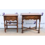 18th century style oak side table, with single drawer and shaped apron raised on turned legs