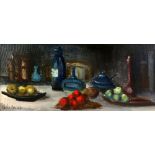 Still life, oil on canvas, signed indistinctly and dated 64'. 40 x 90cm. Framed. .