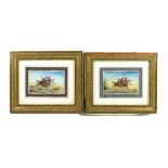 A pair of Persian School hunting pictures painted with figures on horseback 11cm x 18cm .