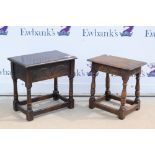 Two oak joint stools, to include one with hinged seat and carved frieze on turned legs joined by