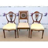 Pair of Sheraton Revival inlaid mahogany shield back chairs, on tapered legs and spade feet,
