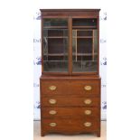 Mahogany secretaire bookcase, glazed doors (missing glass panels) above secretaire revealing