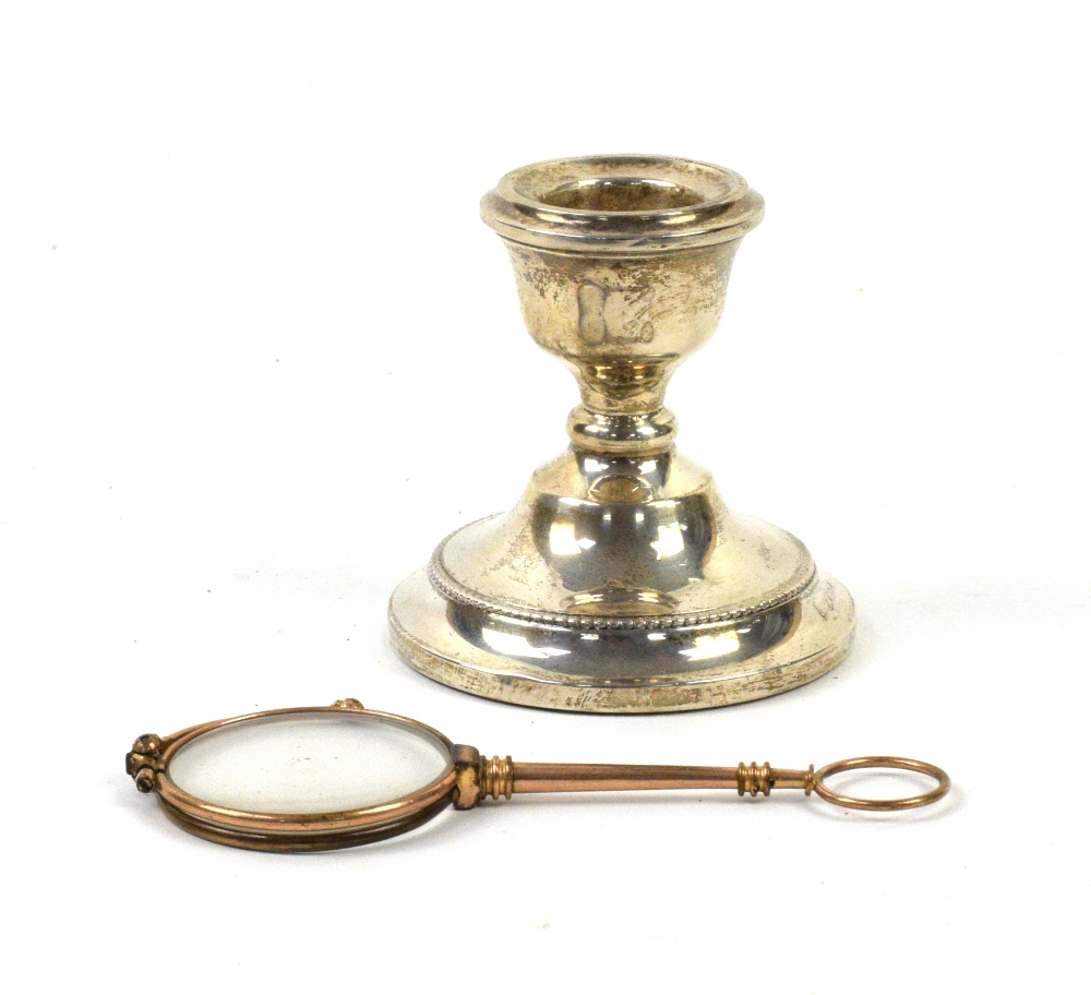 Pair of silver candle sticks, bow squat candle stick and small collection of plate . - Image 5 of 5