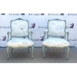 Pair of Louis XV style fauteuils, green painted and with floral upholstered seat, backrest and