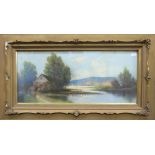 Pastel landscape of a barn beside a lake, signed indistinctly lower left, framed .