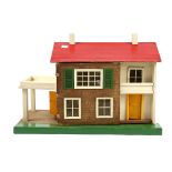 Small 20th century dolls house with car port, garden, including flower beds, and 1950's style