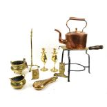 Various metalware including copper bedpan and kettle and a brass pot stand.