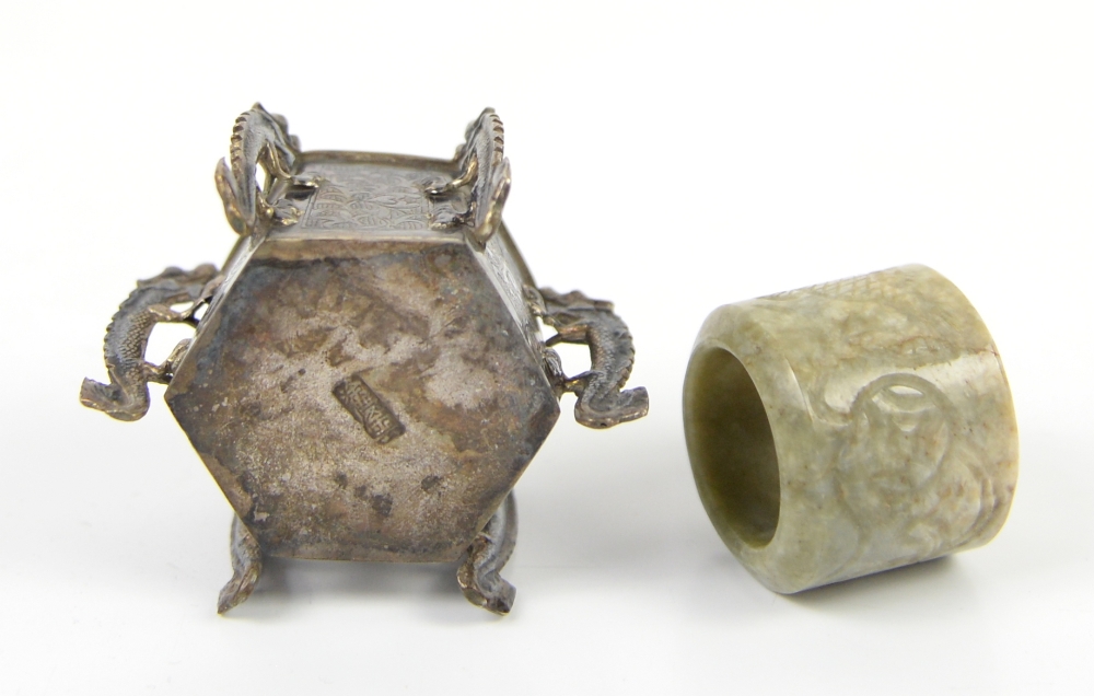 Pair of small Chinese white metal vessel of hexagonal form, containing a fitted porcelain inkwell, - Image 2 of 2