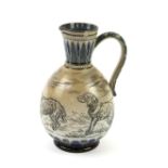 Doulton Lambeth jug sgraffito decorated with four dogs in a landscape, by Hannah B Barlow 20cm high,