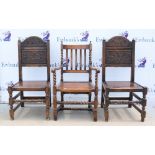 Collection of eight 18th century style oak dining chairs, various styles, to include two carvers (