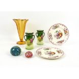 China glass and decorative items to include paperweights and Masons Ironstone plates.