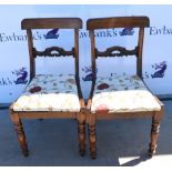 Pair of 19th century mahogany bar back dining chairs, drop-in seats on turned legs. General wear -