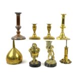 Various brass items to include a novelty figure of a man in a barrel, candle sticks, planters,