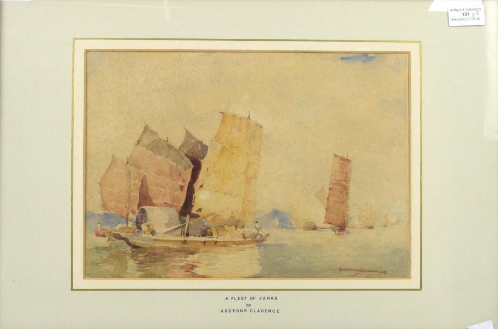 Arderne Clarence , A Fleet of Junks , watercolour in carved Chinese hardwood frame, 24cm x 34cm, oil