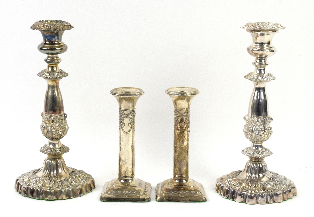 Pair of silver candle sticks, bow squat candle stick and small collection of plate . - Image 2 of 5