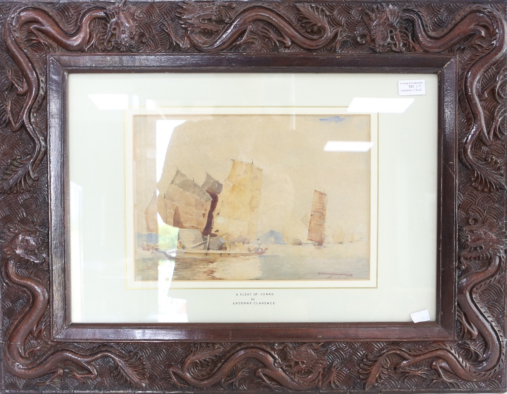 Arderne Clarence , A Fleet of Junks , watercolour in carved Chinese hardwood frame, 24cm x 34cm, oil - Image 8 of 8