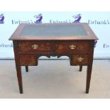 Rectangular red painted Chinoiserie desk with arrangement of four drawers, decorated with pagodas,