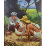 Filipino School, two figures with a cockerel, oil on board, signed indistinctly, 71cm x 59cm, with a