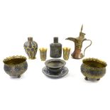 Chinese pewter tea caddy, Chinese white metal bowl, cloisonné plate, Middle Eastern coffee pot and a