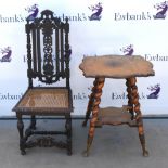 20th century oak side table, shaped top above splayed barley twist legs joined by undertier, on claw