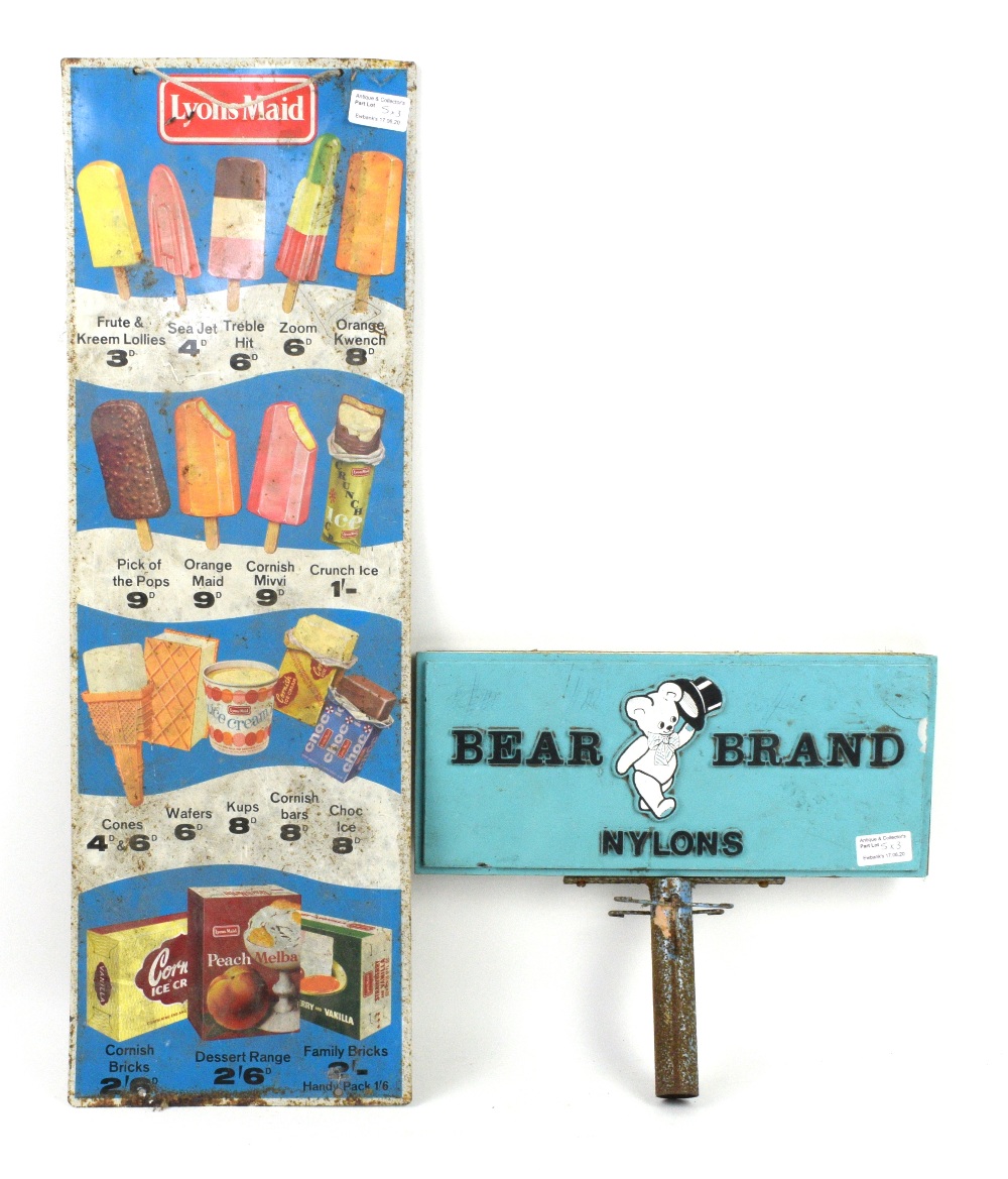 Nut Brown Tobacco enamelled advertising sign 122 cm x 46 cm, Lyons Maid lolly sign, and a Bear Brand - Image 2 of 2