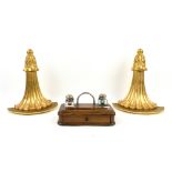 An oak ink stand, two sets of postal scales and a pair of gilt sconces .